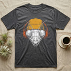 Praying Mantis Chill Beats T-Shirt in Dark Heather — Engraved praying mantis with large compound eyes and antennae, wearing a knit beanie and over-ear headphones.