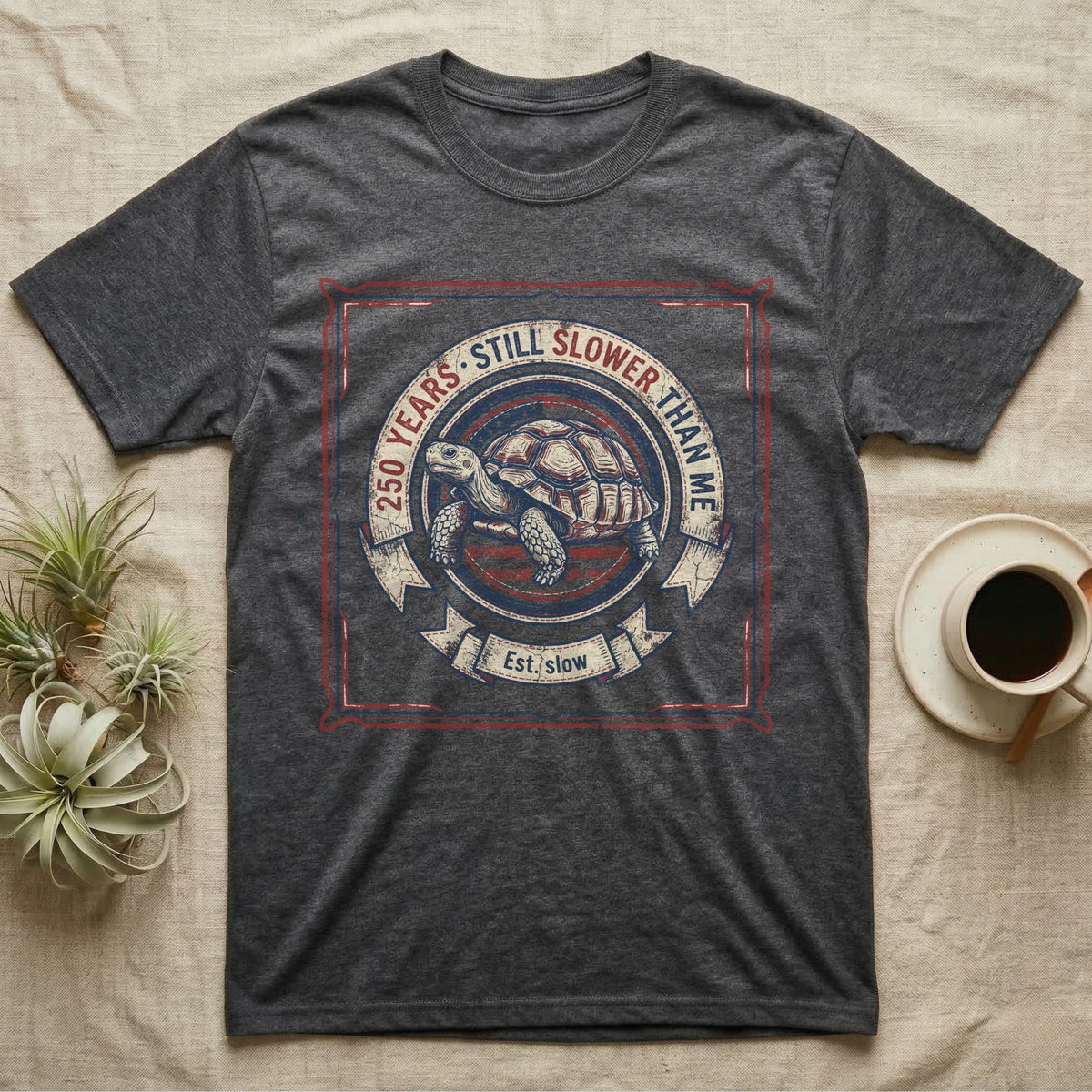 Slower Than Me Tortoise T-Shirt in Dark Heather — Vintage-Americana roundel illustration of a tortoise with a banner reading "250 Years, Still Slower Than Me."