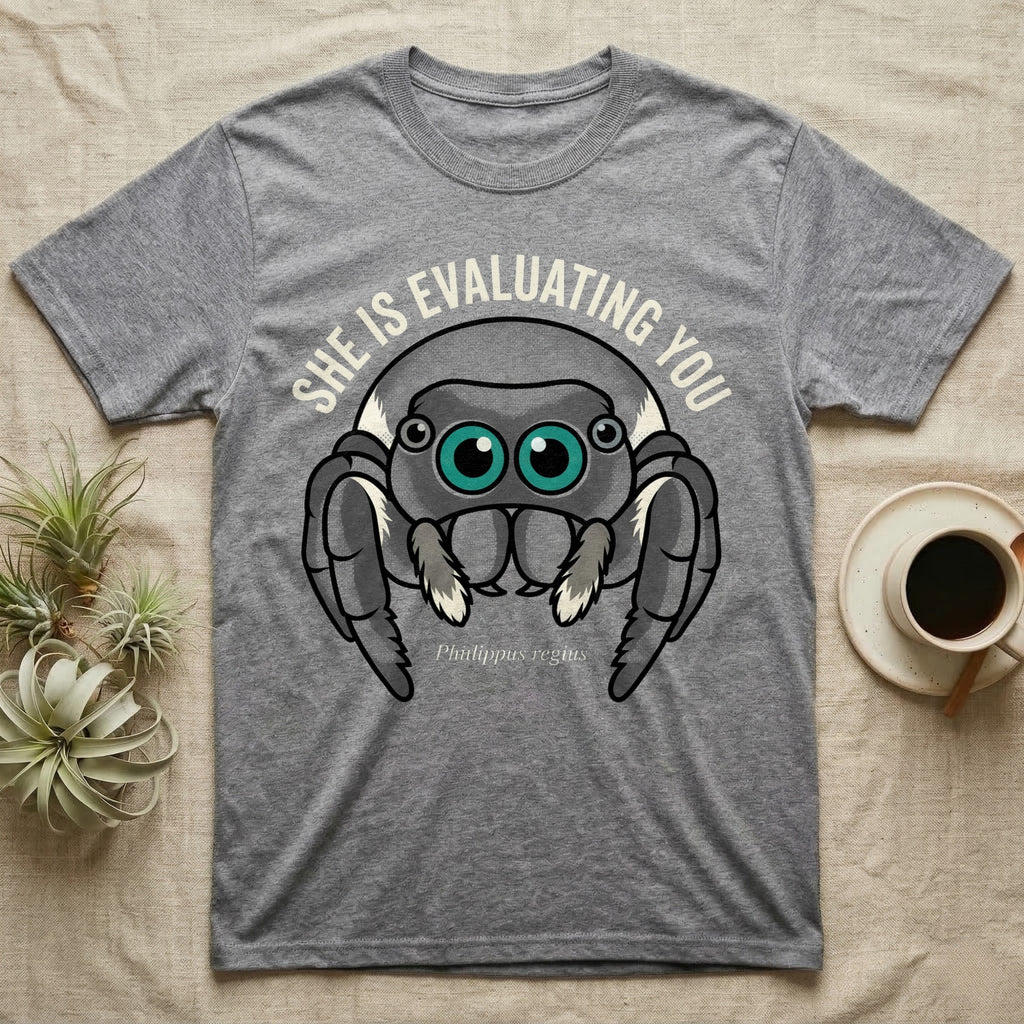 Phidippus Regius Jumping Spider Tee in Sport Grey — Vector-bold front-facing regal jumping spider portrait with electric-teal anterior-median eyes on a cream-and-charcoal body.