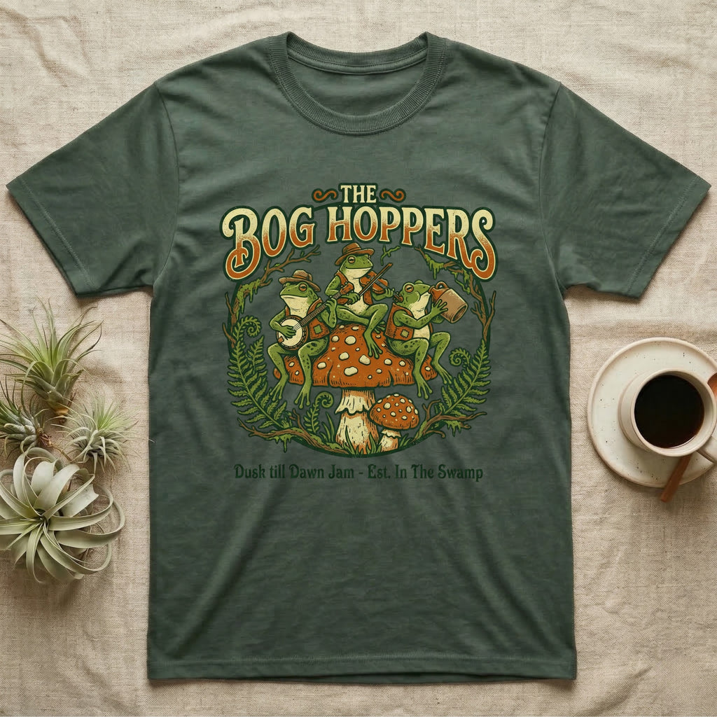 Green t-shirt with illustration of frogs playing instruments on a mushroom.