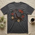 Vietnamese Centipede Botanical T-Shirt in Dark Heather — Vietnamese giant centipede painted in matte oil, in profile on a branch inside an oval bower of flowering bramble.