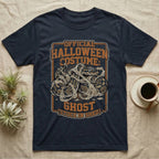 Ball Python Shed Costume T-Shirt in Navy — Distressed framed graphic of a ball python tangled in shed skin, "Official Halloween Costume: Ghost, Stuck in Shed."