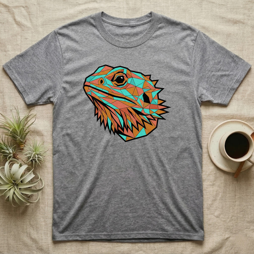 Grey t-shirt with geometric bearded dragon head design.