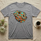 Grey t-shirt with geometric bearded dragon head design.