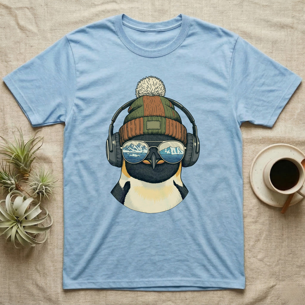 Penguin wearing headphones and sunglasses reflecting mountains, on a light blue t-shirt.