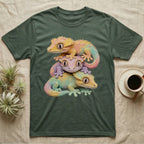 Stack of three colorful geckos on a dark green t-shirt.