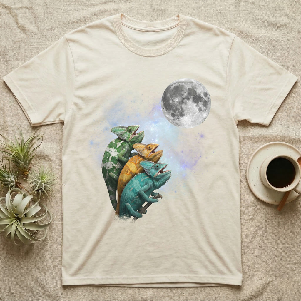 Veiled Chameleon Moon Howl T-Shirt in Natural — Three Veiled Chameleon colour morphs howling at a full moon over a nebula on a dark grey t-shirt.