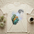 Veiled Chameleon Moon Howl T-Shirt in Natural — Three Veiled Chameleon colour morphs howling at a full moon over a nebula on a dark grey t-shirt.