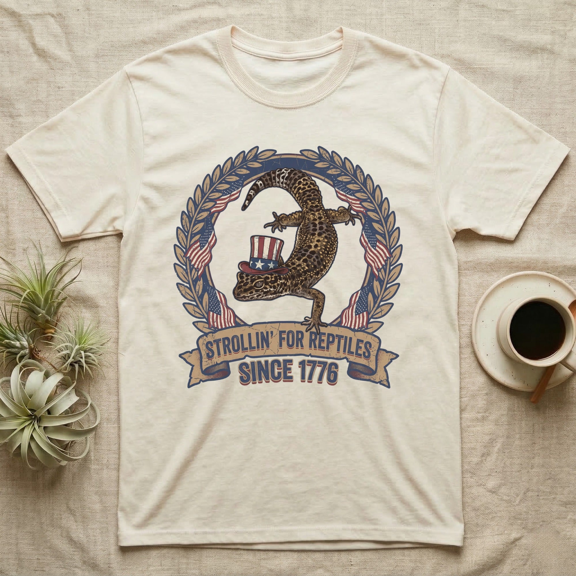 Leopard Gecko 1776 T-Shirt in Natural — Vintage badge of a leopard gecko in an Uncle Sam hat with laurel wreath and flags, banner reading Strollin' For Reptiles Since 1776.