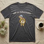Hermann's Tortoise Hibernation T-Shirt in Dark Heather — Minimal doodle of a Hermann's tortoise in a striped nightcap holding a pillow under the words off to hibernate