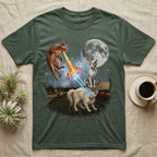 Two cats on a rooftop battle with lasers and fire under a full moon.