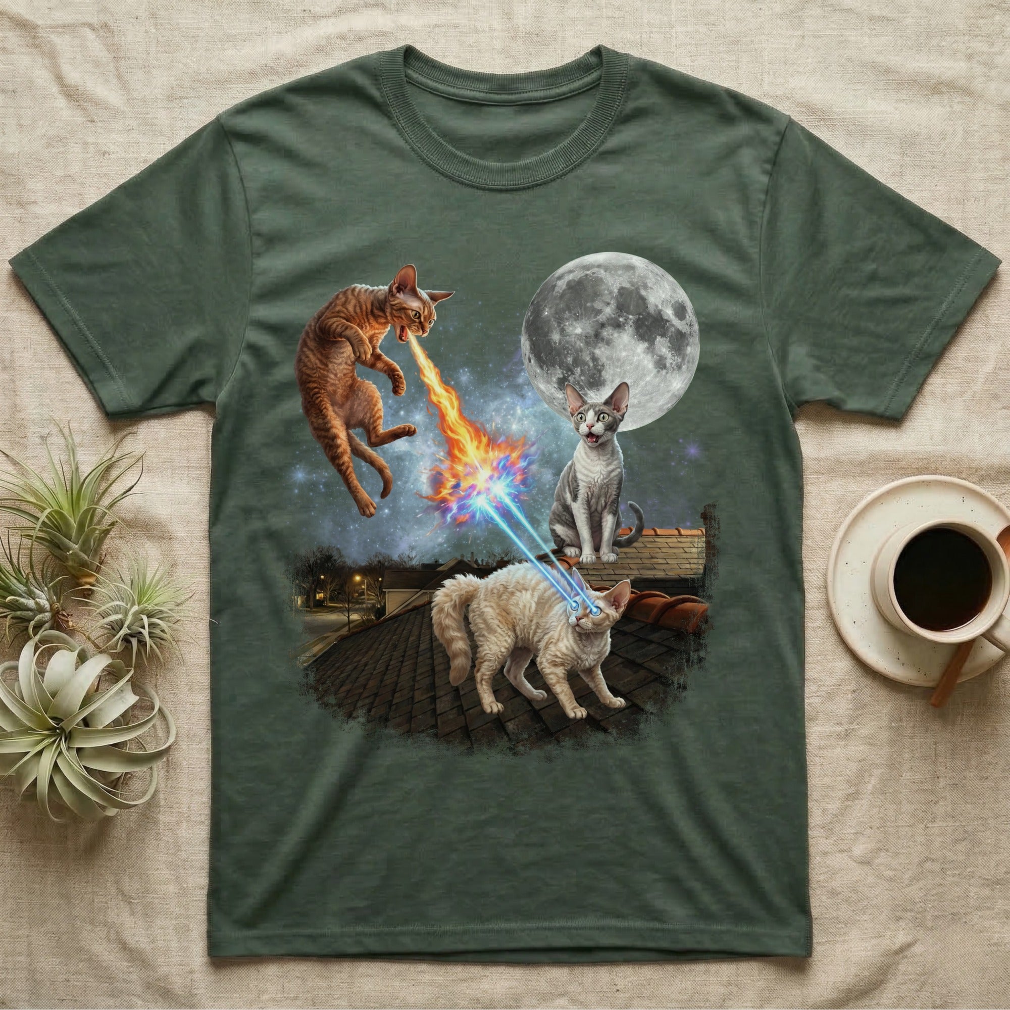 Two cats on a rooftop battle with lasers and fire under a full moon.
