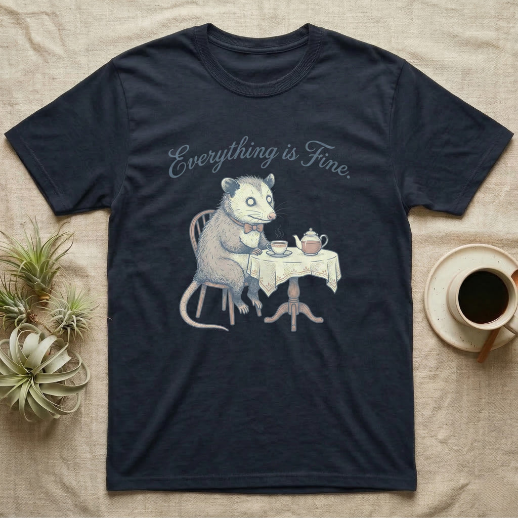 Opossum sitting at a table with tea, text "Everything is Fine."