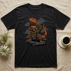 Black t-shirt with samurai bearded dragon illustration.