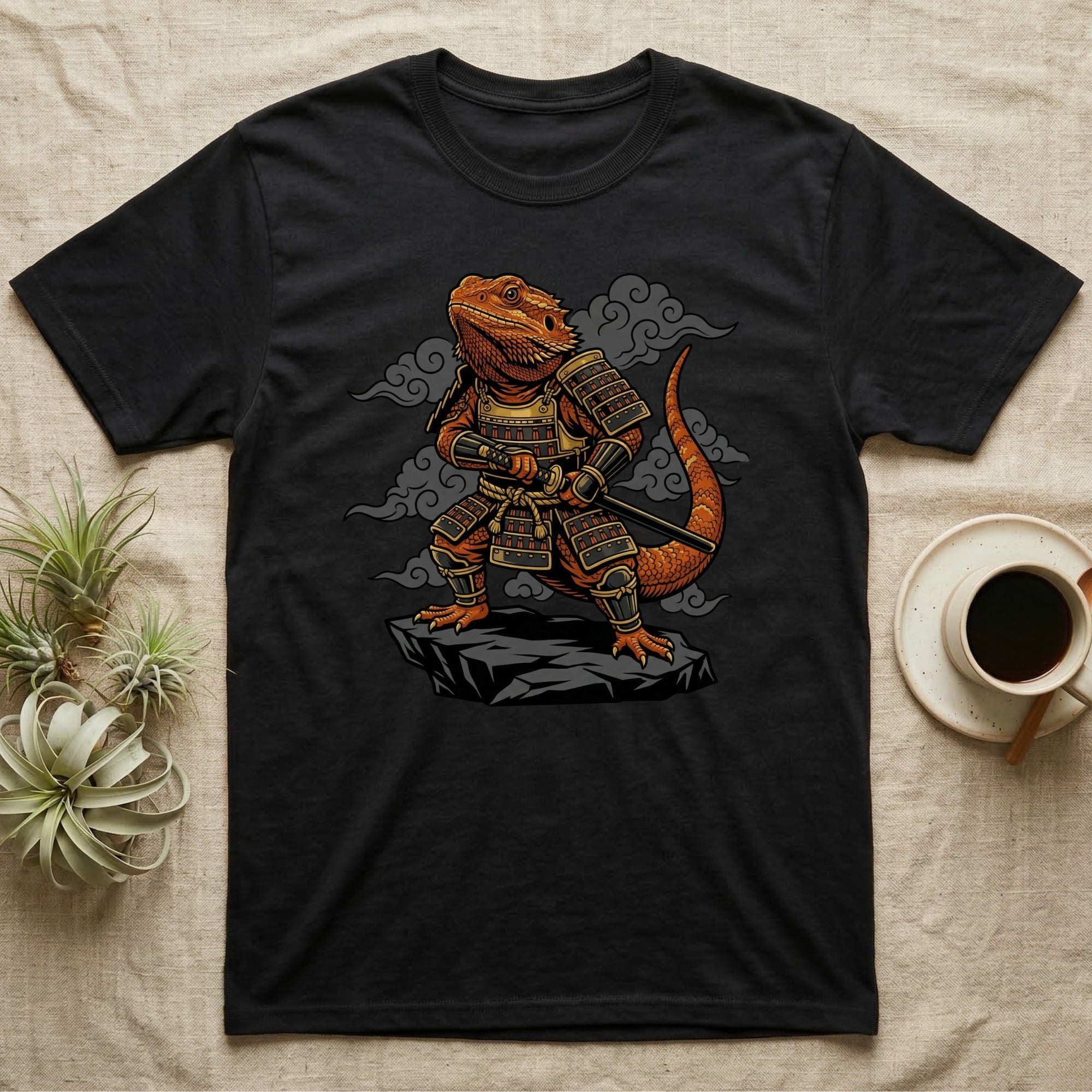 Black t-shirt with samurai bearded dragon illustration.