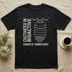 Rubber Ducky Isopod Line Art T-Shirt in Black — Bone-white outline drawing of a rubber ducky isopod labelled Cubaris sp. beside vertical stencil type.
