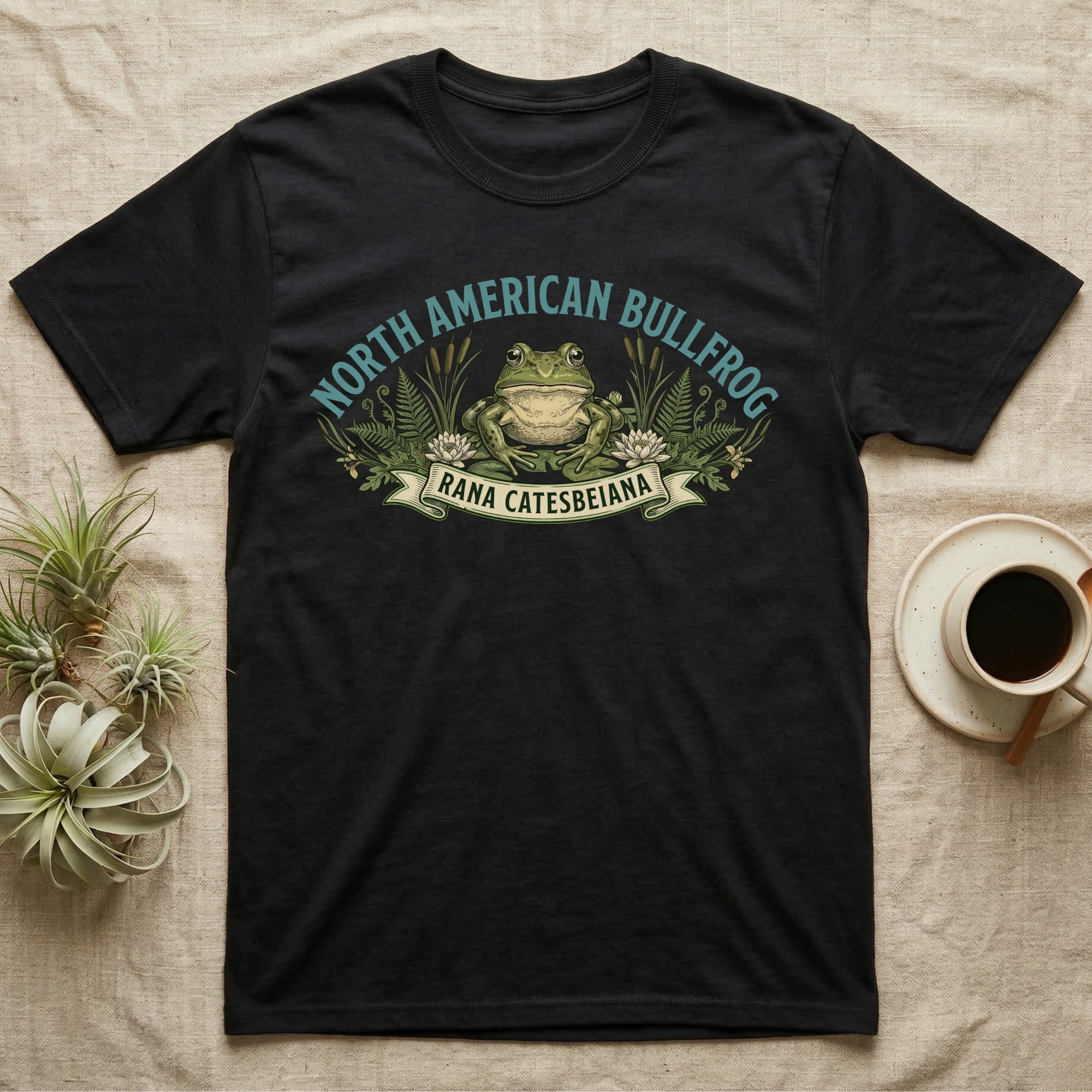 Black t-shirt with North American Bullfrog and scientific name text.