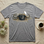 Grey t-shirt with graphic of African buffalo and cattle egret.
