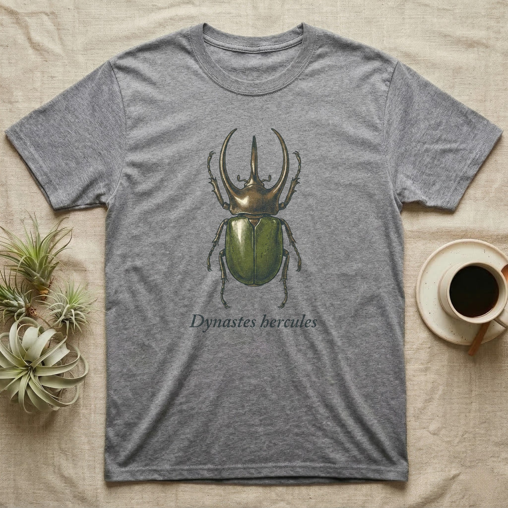 Grey t-shirt with Dynastes Hercules beetle graphic and text.