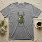 Grey t-shirt with Dynastes Hercules beetle graphic and text.