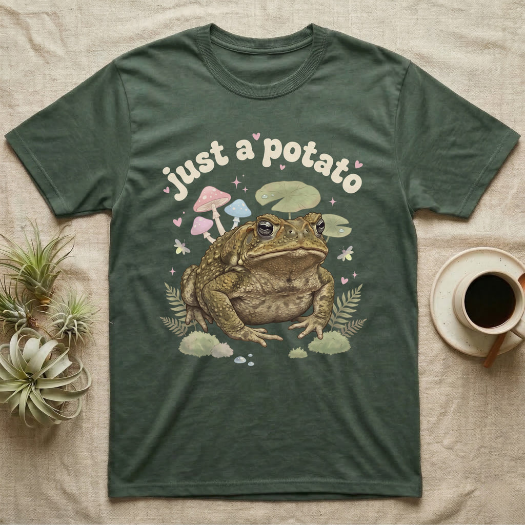 Cane Toad Baby T-Shirt in Military Green — Warty cane toad among pastel toadstools and lily pads under puffy cream bubble text "just a potato".