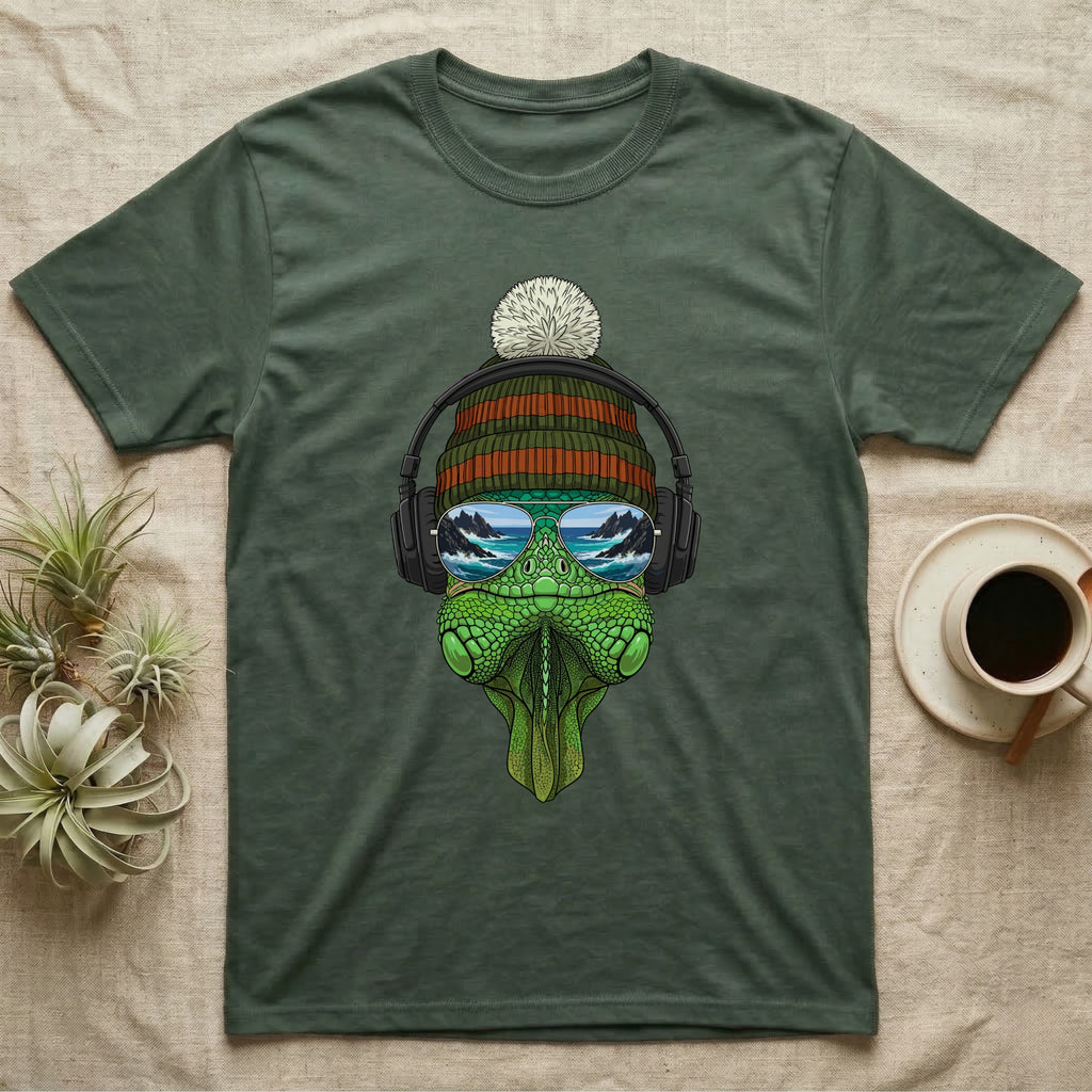 Green t-shirt with a cartoon alligator wearing sunglasses and headphones.