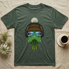 Green t-shirt with a cartoon alligator wearing sunglasses and headphones.