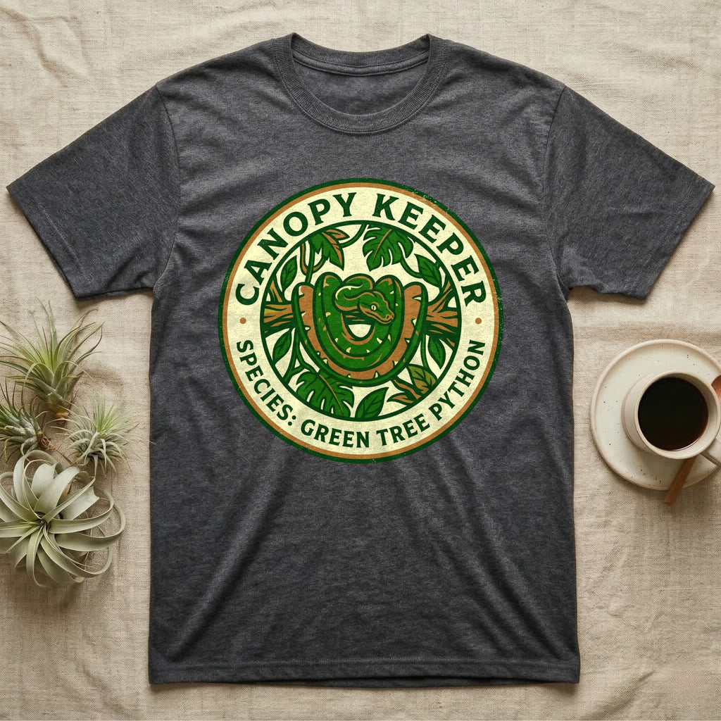 Dark gray t-shirt with a circular logo featuring a green tree python coiled around a branch.