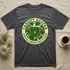 Dark gray t-shirt with a circular logo featuring a green tree python coiled around a branch.