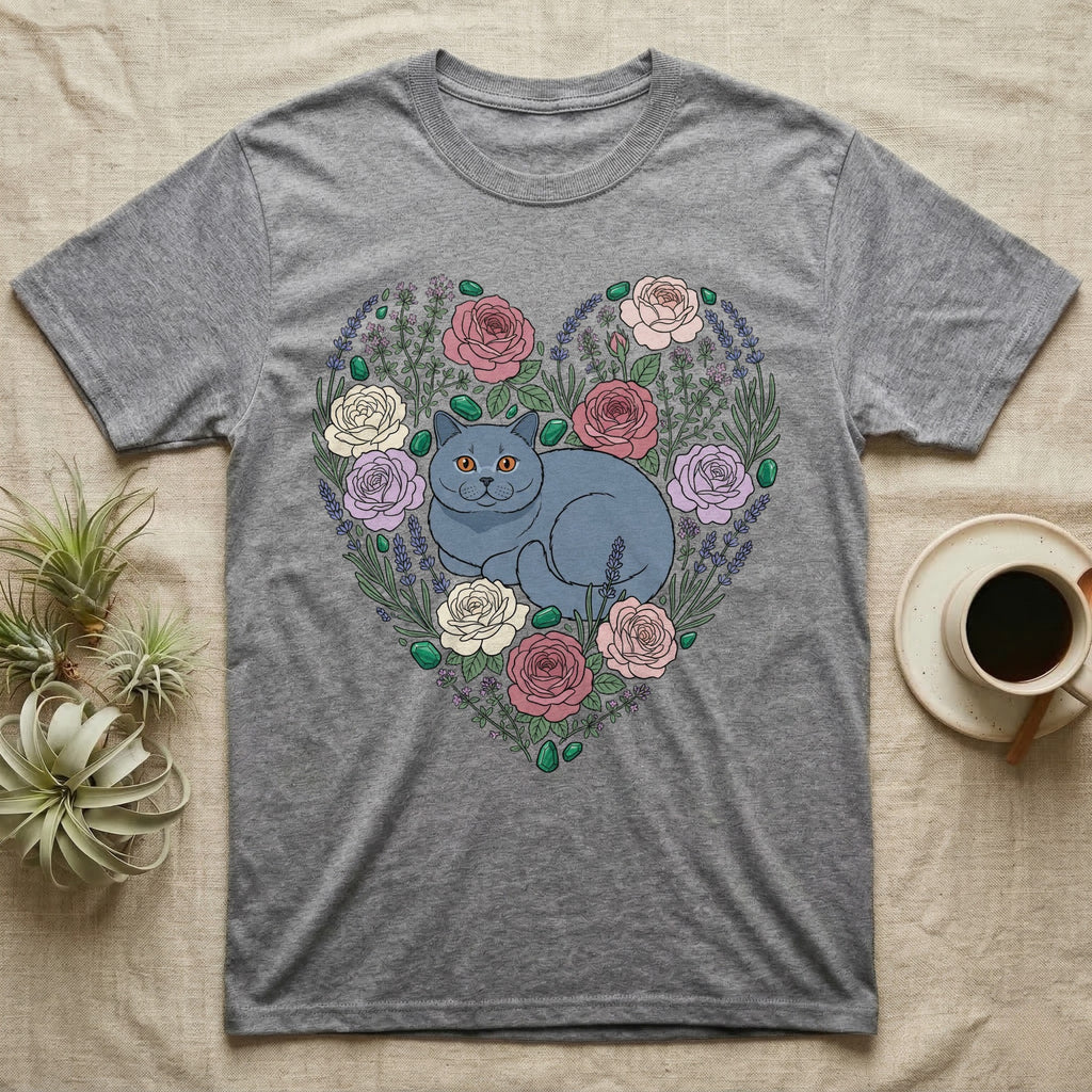 Grey t-shirt with a blue cat surrounded by a heart of roses and lavender.