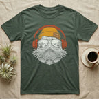 Bearded Dragon Headphones T-Shirt in Military Green — Engraved bearded dragon with spiked beard in a beanie and headphones, aviators reflecting a desert canyon.