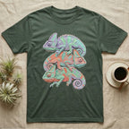 Green t-shirt with three stacked chameleons in purple, orange, and teal.