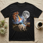 Black t-shirt featuring two cats on a rooftop, one breathing fire, the other shooting lasers.