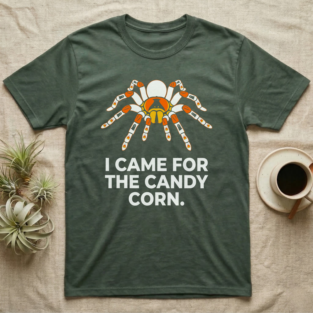 Tarantula Candy Corn T-Shirt in Military Green — Clean vector tarantula with candy-corn and ghost patterned legs, "I Came for the Candy Corn."
