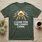 Tarantula Candy Corn T-Shirt in Military Green — Clean vector tarantula with candy-corn and ghost patterned legs, "I Came for the Candy Corn."