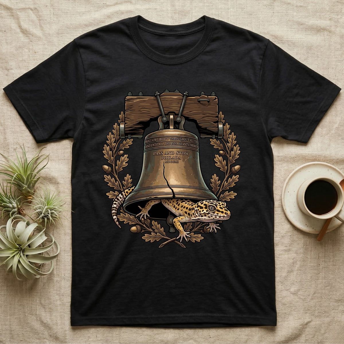 Leopard Gecko Liberty Bell T-Shirt in Black — Engraved leopard gecko emerging beneath the bronze Liberty Bell inside an oak-leaf and acorn wreath.