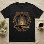Leopard Gecko Liberty Bell T-Shirt in Black — Engraved leopard gecko emerging beneath the bronze Liberty Bell inside an oak-leaf and acorn wreath.