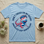 Bearded Dragon Don't Tread T-Shirt in Light Blue — Pop-art red-white-blue bearded dragon in a tricorn hat inside a ring reading Don't Tread On My Beard.