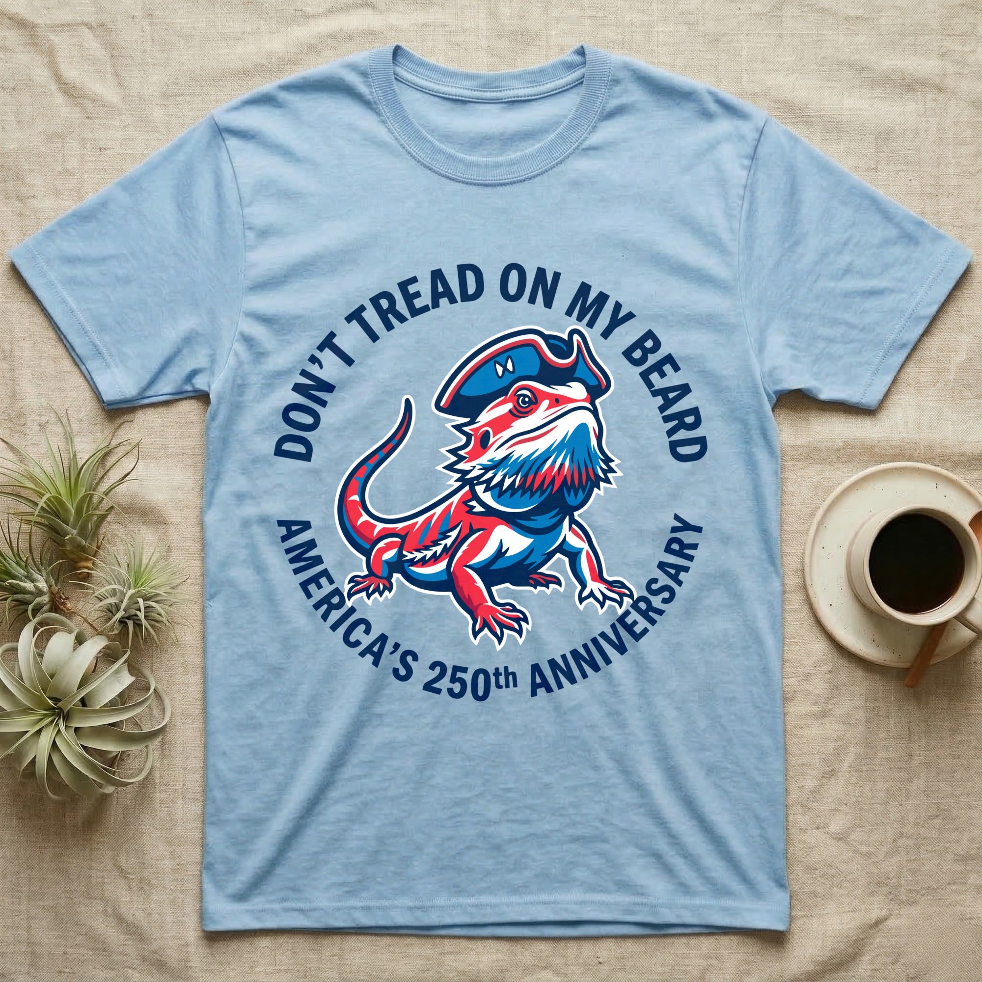 Bearded Dragon Don't Tread T-Shirt in Light Blue — Pop-art red-white-blue bearded dragon in a tricorn hat inside a ring reading Don't Tread On My Beard.