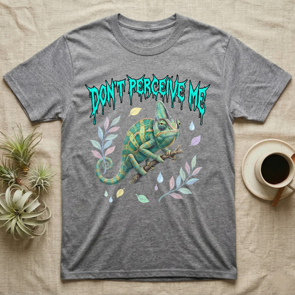 Veiled Chameleon Feral T-Shirt in Sport Grey — Veiled chameleon on a branch with swivelling eyes under a jagged turquoise metal "DON'T PERCEIVE ME" wordmark.