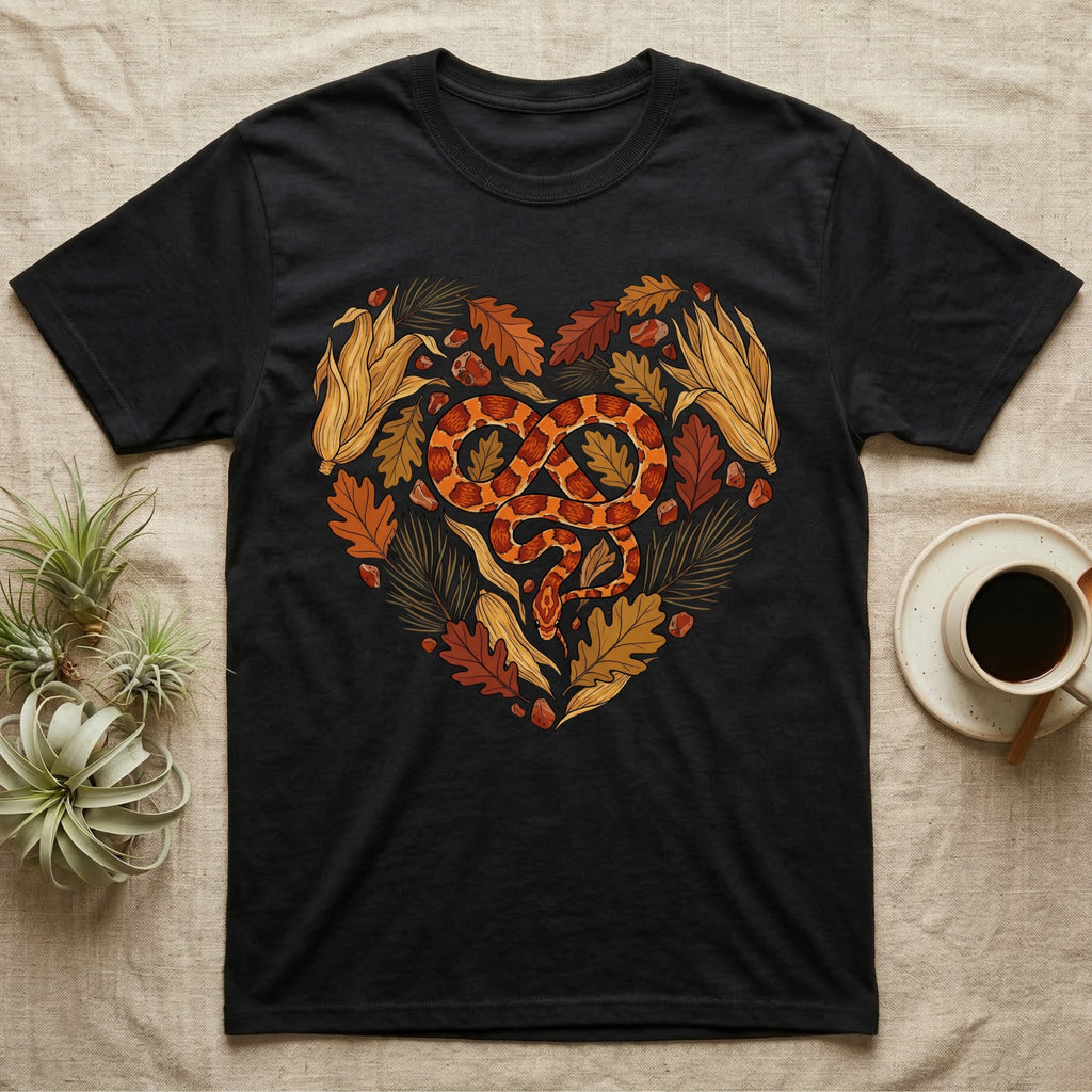 Black t-shirt with a heart design of fall leaves, acorns, and a snake.