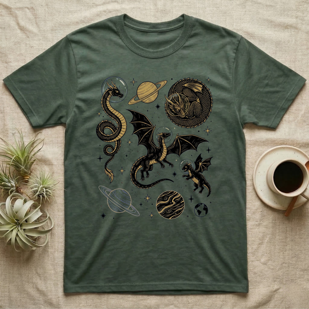 T-shirt with space dragons, planets, and stars design.
