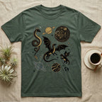 T-shirt with space dragons, planets, and stars design.