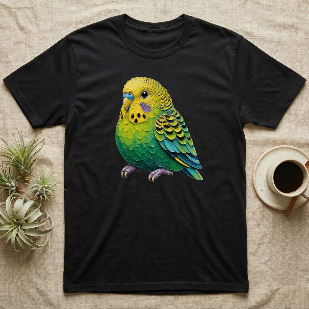 Black t-shirt featuring a colorful, detailed illustration of a budgie.