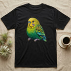 Black t-shirt featuring a colorful, detailed illustration of a budgie.