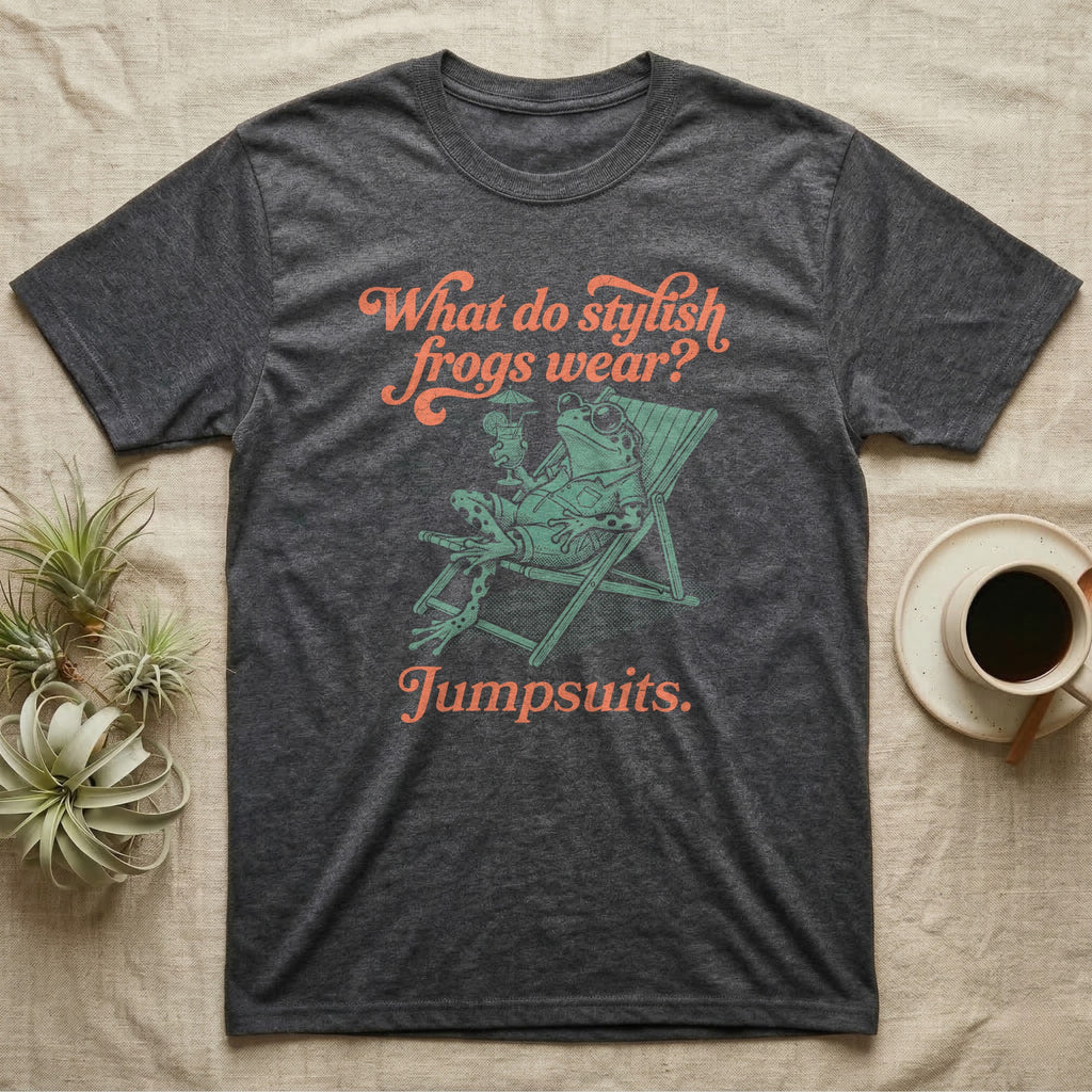 Poison Dart Frog Jumpsuit T-Shirt in Dark Heather — Illustrated green and black poison dart frog reclining in a beach chair with sunglasses and a cocktail, coral script asking what stylish frogs wear, answer jumpsuits.