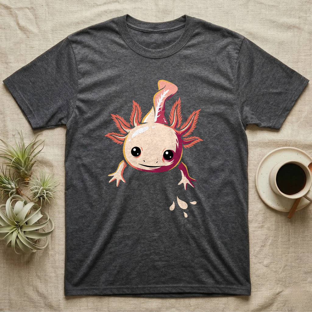 Cute chibi illustration of a smiling cream and coral-pink axolotl floating with splashing water droplets, no on-shirt text. — shown on a Dark Heather tee.