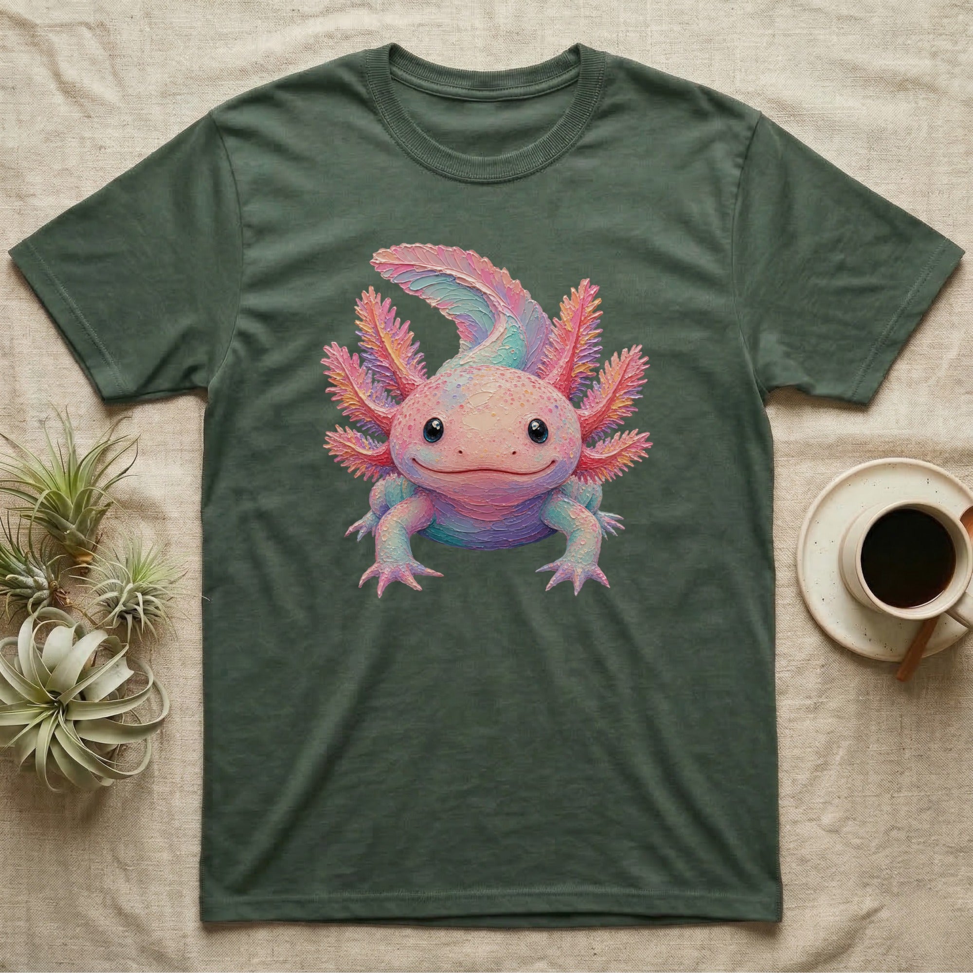 T-shirt with colorful cartoon axolotl graphic.