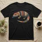 Black t-shirt with a patchwork lizard and blue tongue design.