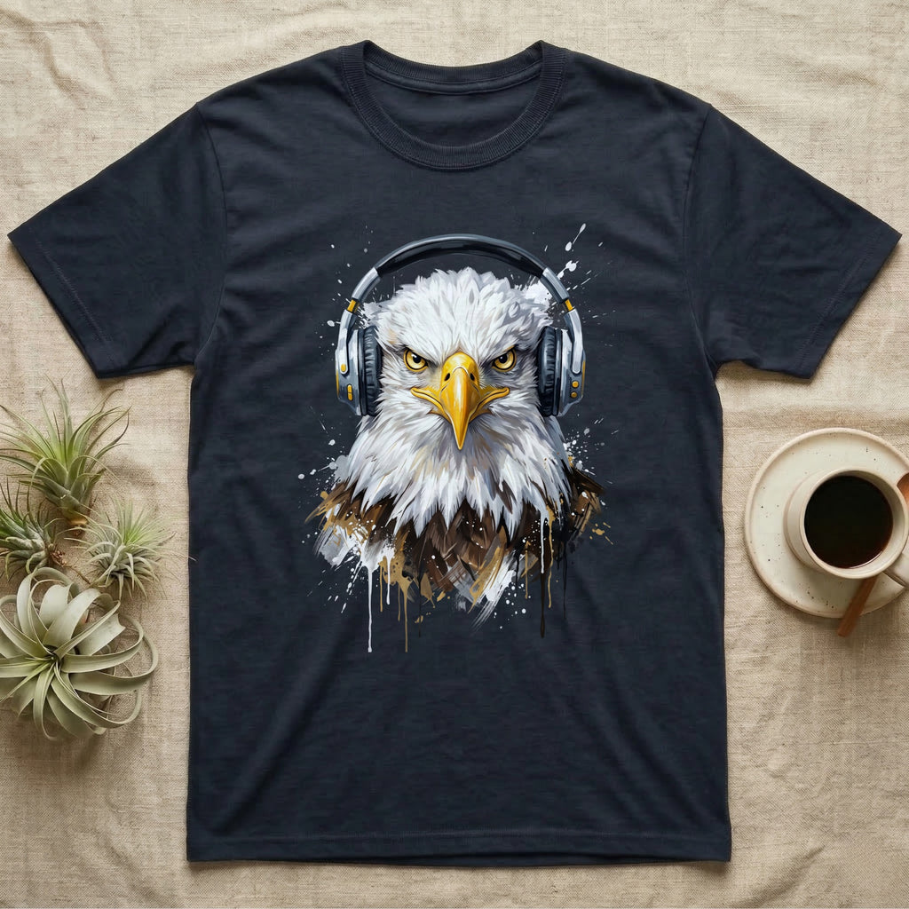 Bald eagle wearing headphones, printed on a dark t-shirt.